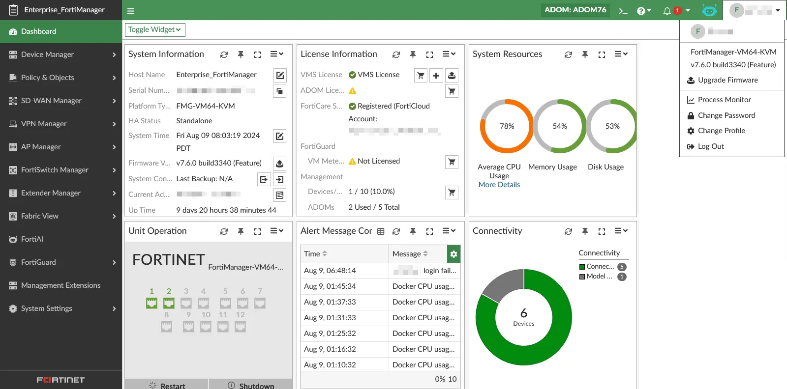 Pantalla de FortiManager para administrar los firewalls de la empresa