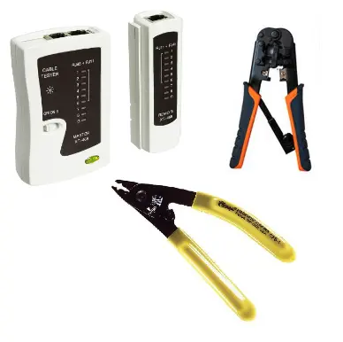 Pinzas para crimpar, pelacables y tester de red