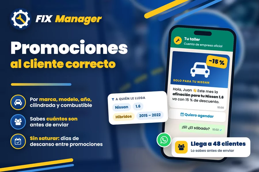 Promoción de WhatsApp solo para los clientes del taller con cierto auto: por marca, modelo, año, cilindrada y combustible