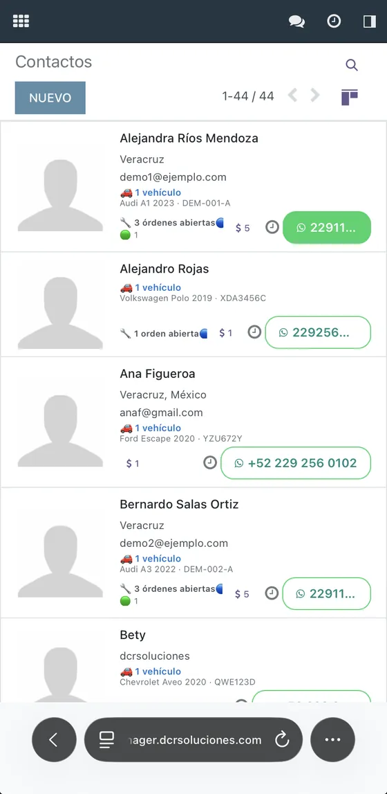 Clientes del taller en vista de tarjetas