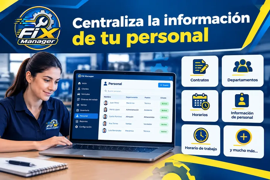 Registro de empleados del taller con contrato, departamento, puesto y horario