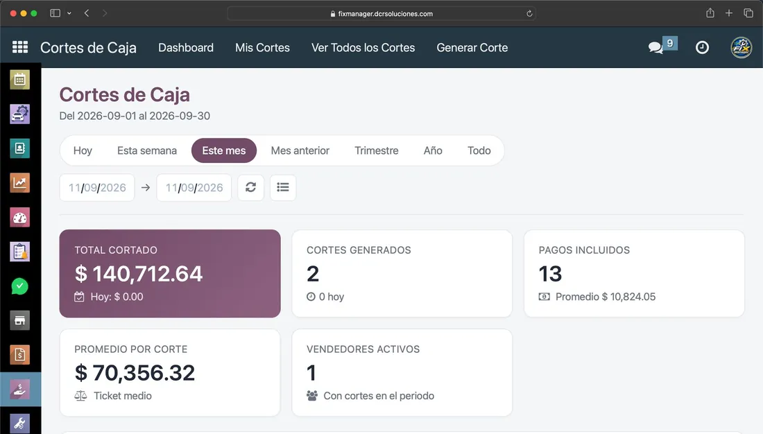 Cortes de caja del taller por forma de pago