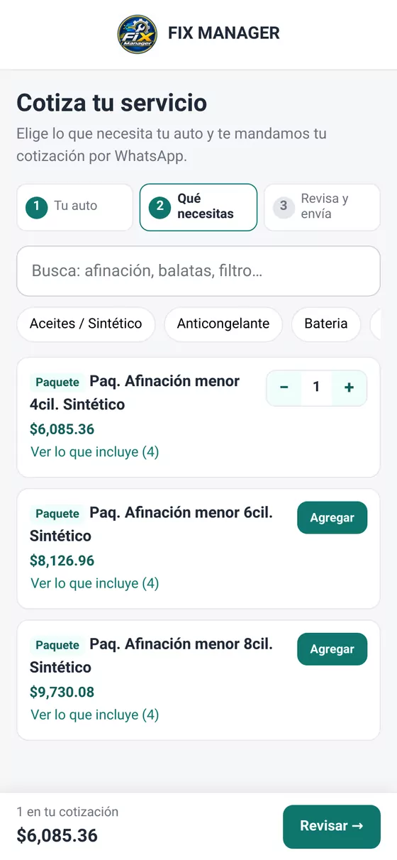 Página donde el cliente del taller arma su cotización desde el celular