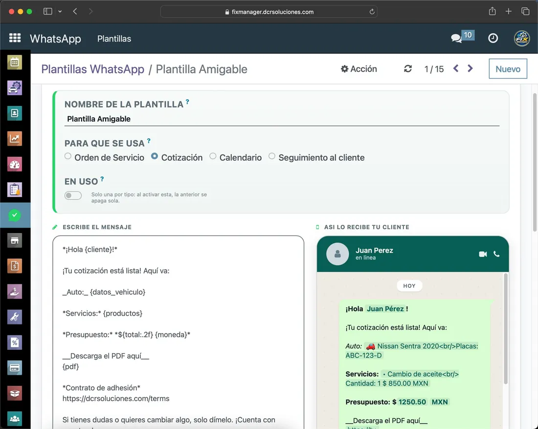 Creación de una plantilla de WhatsApp en Fix Manager