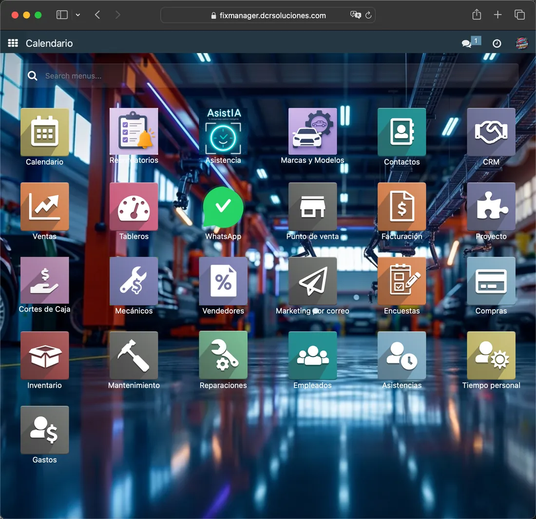 Pantalla principal de Fix Manager con los módulos del taller: ventas, cortes de caja, mecánicos, inventario, facturación, empleados y más