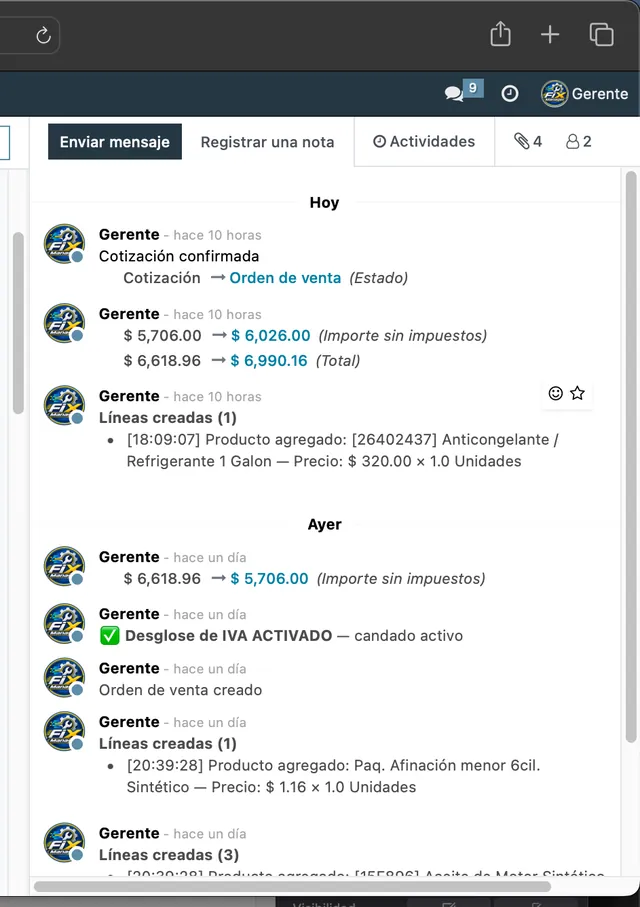 Historial de movimientos con quién y cuándo hizo cada operación