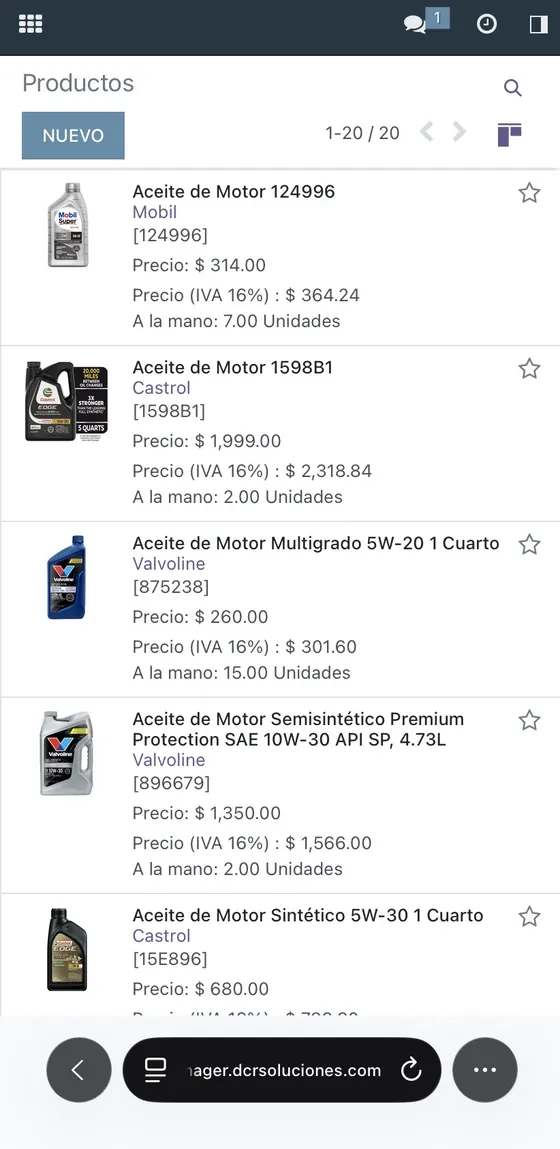 Inventario de Fix Manager en el celular, con existencias, precio y foto de cada producto
