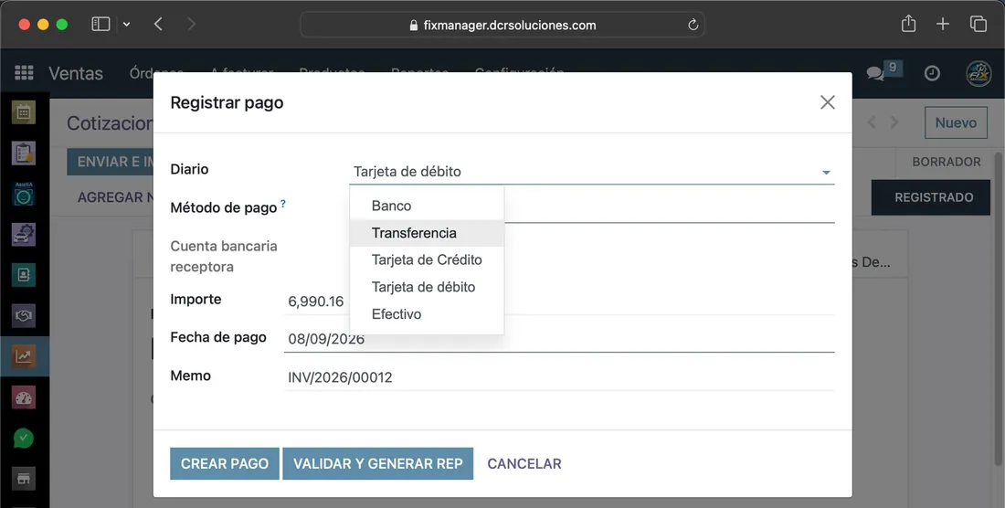 Formas de pago configurables: tarjeta de crédito, débito, efectivo y otras