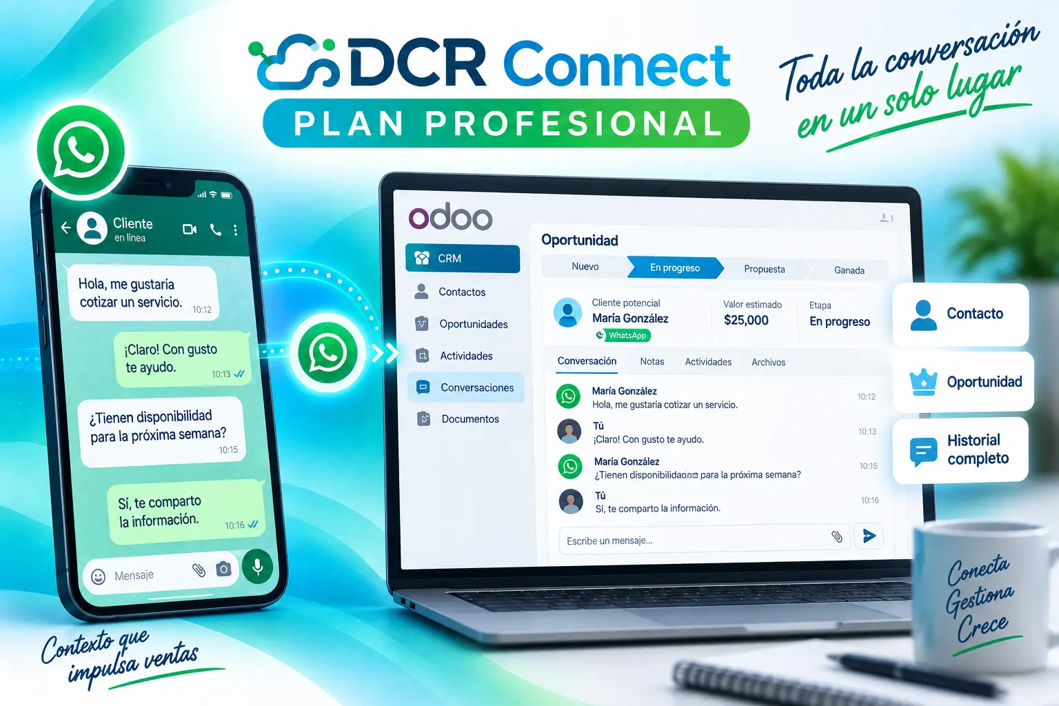 DCR Connect mantiene el historial de conversaciones de WhatsApp asociado al contacto y la oportunidad en Odoo CRM.