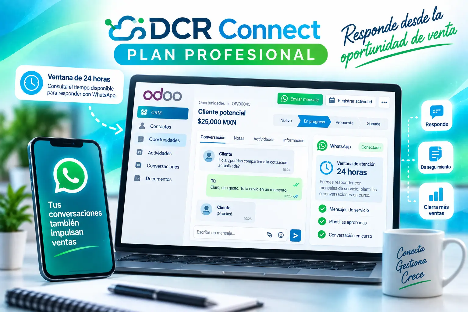 DCR Connect permite responder conversaciones de WhatsApp desde una oportunidad de venta en Odoo CRM y consultar la ventana de atención de 24 horas.