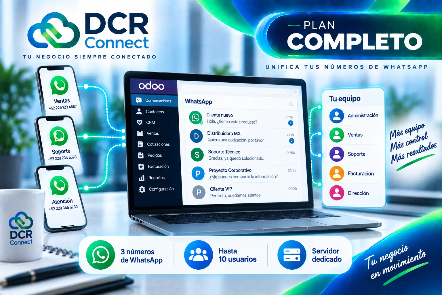 DCR Connect Plan Completo centraliza 3 números de WhatsApp para hasta 10 usuarios en un servidor dedicado