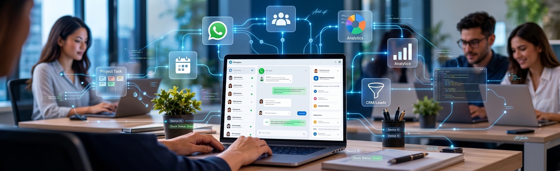Vista de interfaz de software en laptop mostrando la integración de DCR Connect con WhatsApp API oficial, centralizando chats, contactos, oportunidades de venta, tareas y métricas de CRM en un entorno de trabajo colaborativo