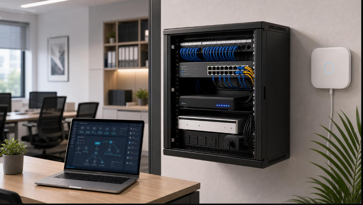 Infraestructura de red empresarial con firewall, switches y conexiones que requieren configuración y protección adecuadas.