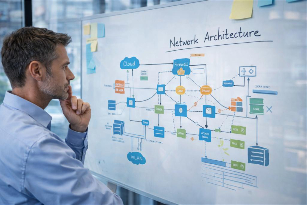 Especialista en TI diseñando una red empresarial segura con firewall, servidores y segmentación de redes.